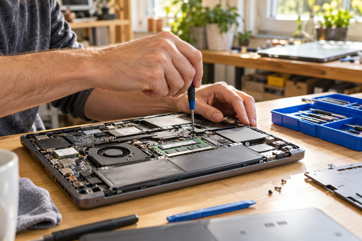 Illustrative scene of hands refurbishing a laptop in a bright workshop
